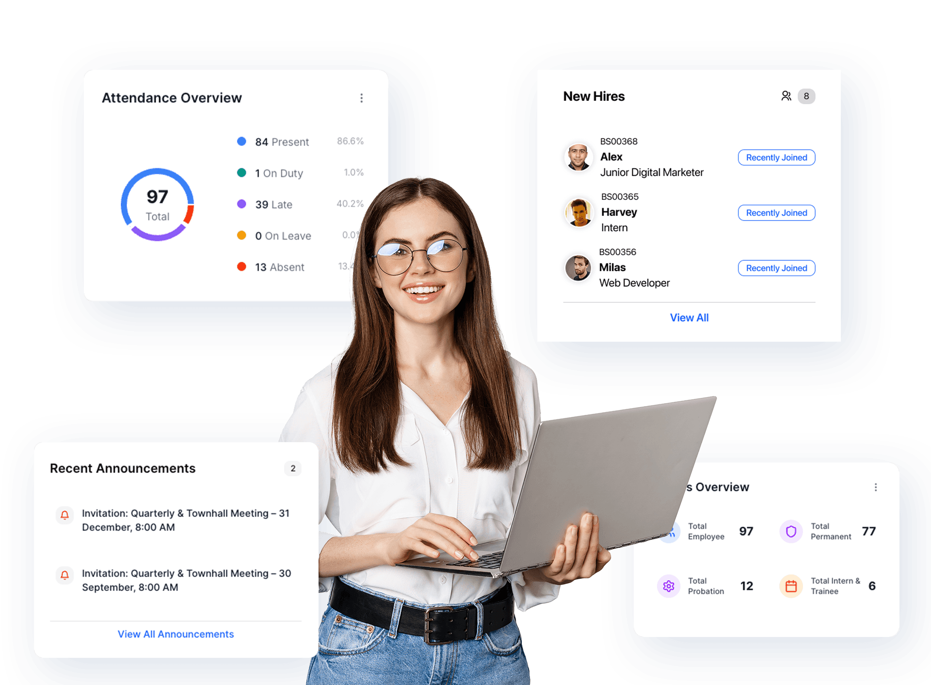 Employo dashboard preview with attendance, hires, announcements, and employee overview